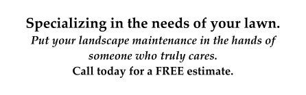 Specializing in the needs of your lawn. Put your landscape maintenance in the hands of someone who truly cares.   Call today for a FREE estimate.